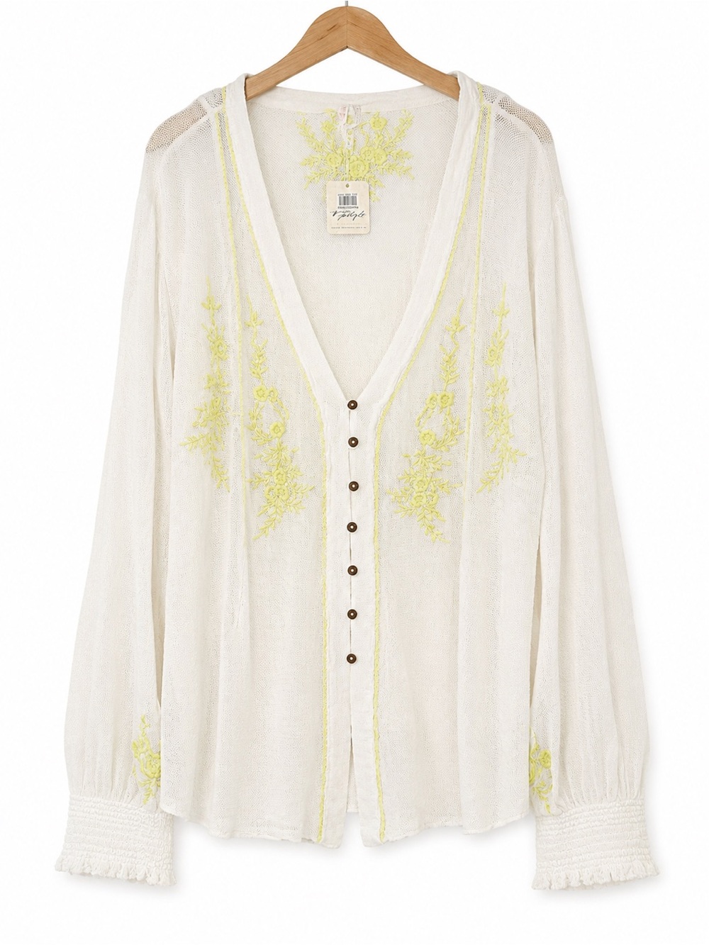 Free People Margie Cream Button-Front Blouse with Yellow Embroidery